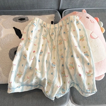 Set de pijamale din bumbac pentru femei, vară — tricou cu mânecă scurtă și pantaloni scurți, imprimeu drăguț cu ursuleț