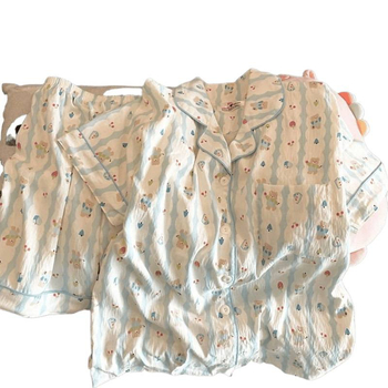Set de pijamale din bumbac pentru femei, vară — tricou cu mânecă scurtă și pantaloni scurți, imprimeu drăguț cu ursuleț