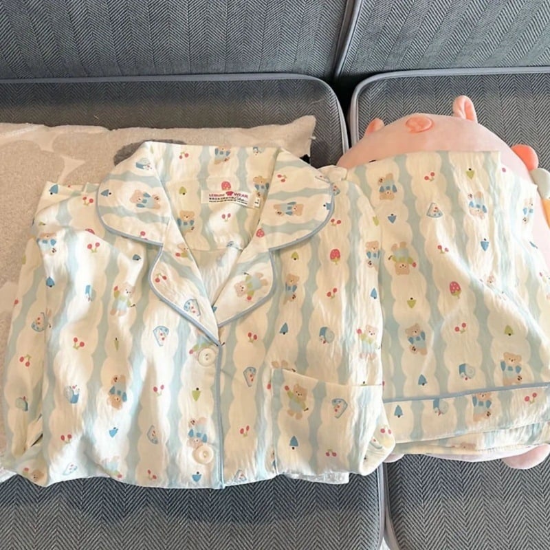 Set de pijamale din bumbac pentru femei, vară — tricou cu mânecă scurtă și pantaloni scurți, imprimeu drăguț cu ursuleț