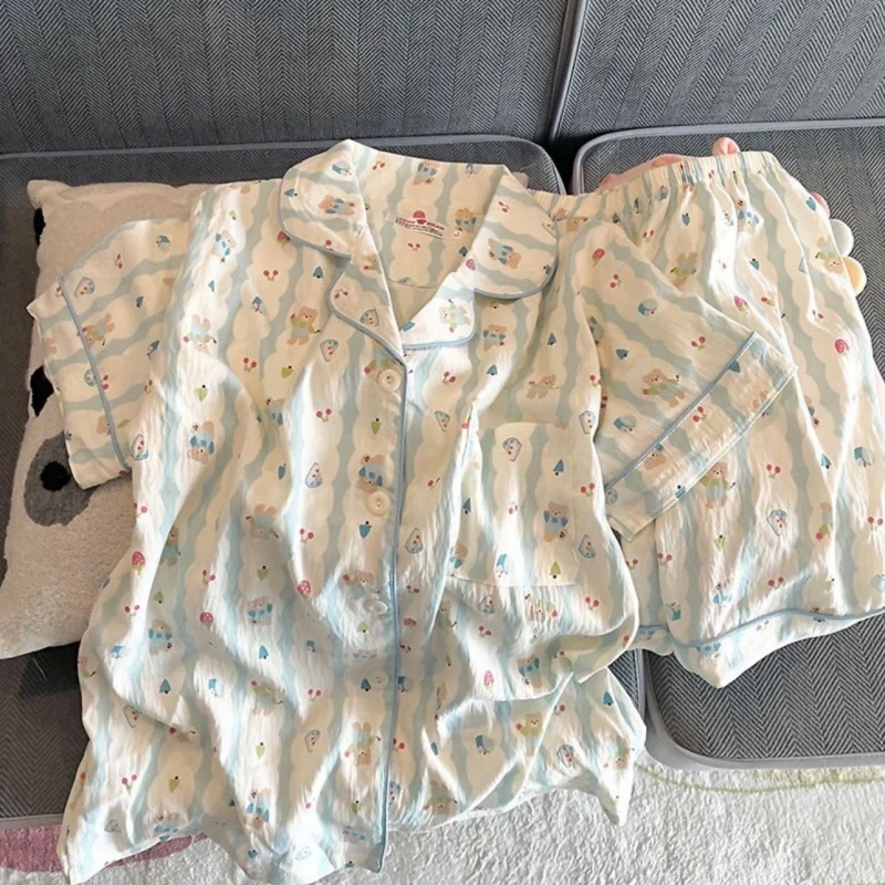 Set de pijamale din bumbac pentru femei, vară — tricou cu mânecă scurtă și pantaloni scurți, imprimeu drăguț cu ursuleț