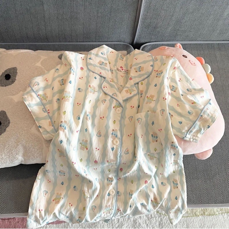 Set de pijamale din bumbac pentru femei, vară — tricou cu mânecă scurtă și pantaloni scurți, imprimeu drăguț cu ursuleț