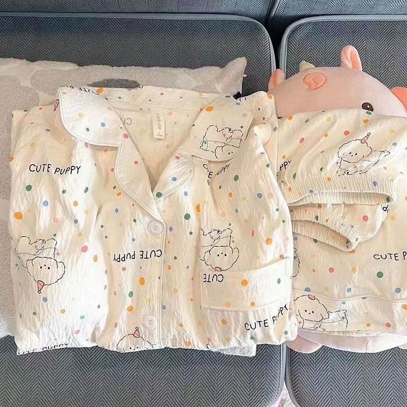 Set de pijamale din bumbac pentru femei, vară — tricou cu mânecă scurtă și pantaloni scurți, imprimeu drăguț cu ursuleț