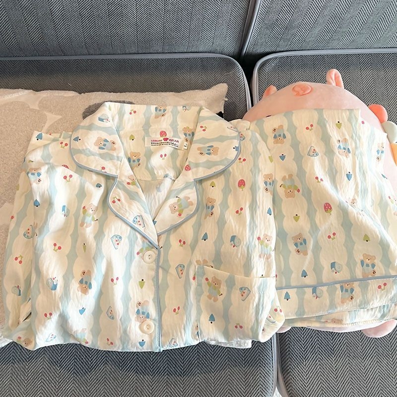 Set de pijamale din bumbac pentru femei, vară — tricou cu mânecă scurtă și pantaloni scurți, imprimeu drăguț cu ursuleț