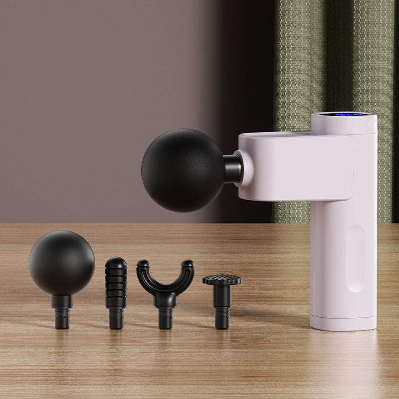 Mini tichý fasciálny masážny prístroj s LCD – 5+ úrovní rýchlosti, 4 hlavice, vstavaná batéria 1200–2000 mAh, hluk 36–45 dB