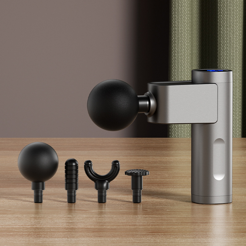 Mini tichý fasciálny masážny prístroj s LCD – 5+ úrovní rýchlosti, 4 hlavice, vstavaná batéria 1200–2000 mAh, hluk 36–45 dB