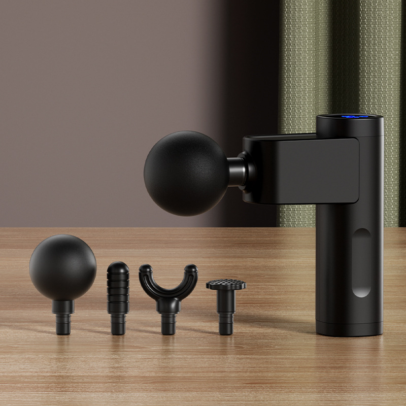 Mini tichý fasciálny masážny prístroj s LCD – 5+ úrovní rýchlosti, 4 hlavice, vstavaná batéria 1200–2000 mAh, hluk 36–45 dB