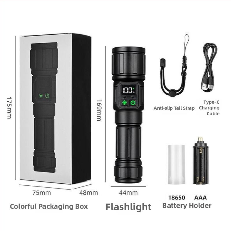 Ručné LED svietidlo 30W, dosah ≥500 m, kompatibilné s batériami 18650/26650 (batéria nie je súčasťou), nabíjanie Type-C.