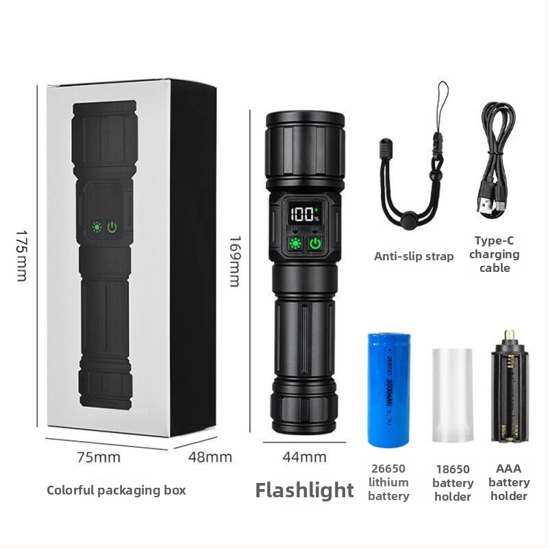 Ručné LED svietidlo 30W, dosah ≥500 m, kompatibilné s batériami 18650/26650 (batéria nie je súčasťou), nabíjanie Type-C.