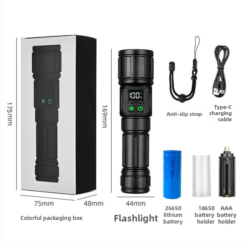 Ručné LED svietidlo 30W, dosah ≥500 m, kompatibilné s batériami 18650/26650 (batéria nie je súčasťou), nabíjanie Type-C.