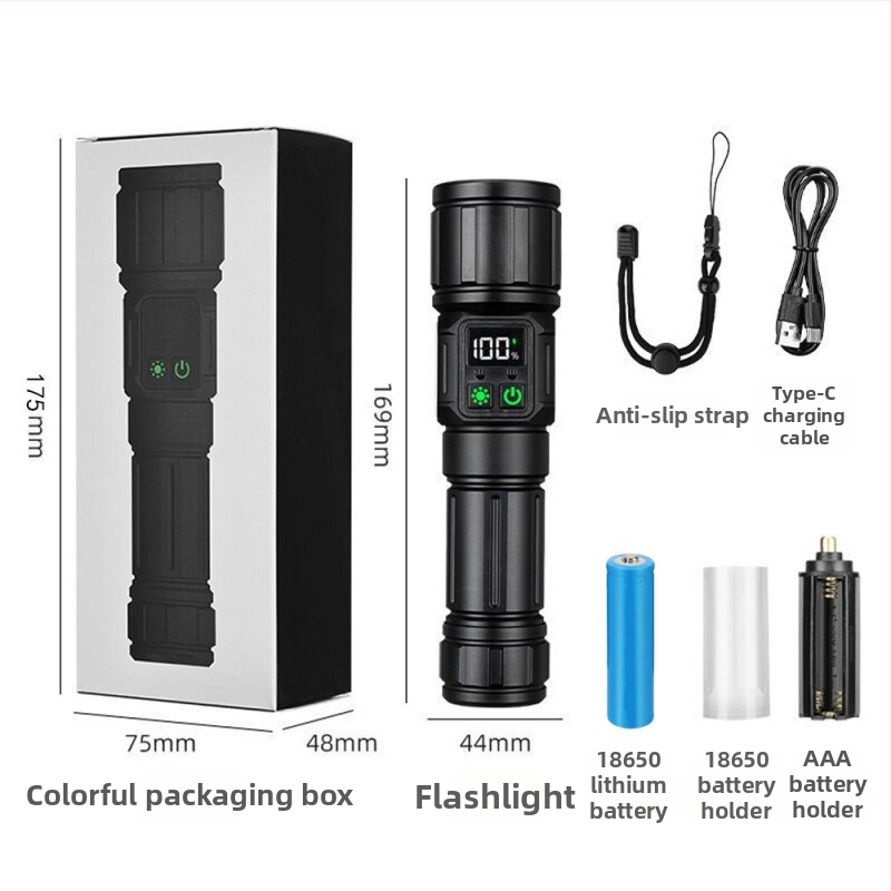 Ručné LED svietidlo 30W, dosah ≥500 m, kompatibilné s batériami 18650/26650 (batéria nie je súčasťou), nabíjanie Type-C.