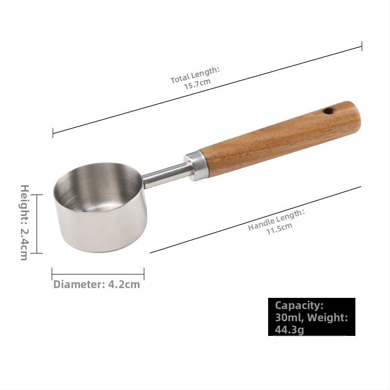 Sada meracích lyžíc z nehrdzavejúcej ocele s drevenou rúčkou, lyžička na kávu so skálou a merací pohár