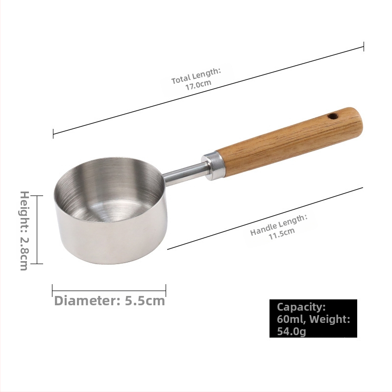 Sada meracích lyžíc z nehrdzavejúcej ocele s drevenou rúčkou, lyžička na kávu so skálou a merací pohár