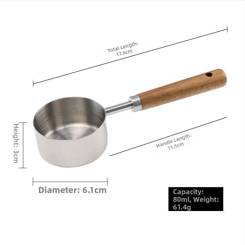 Sada meracích lyžíc z nehrdzavejúcej ocele s drevenou rúčkou, lyžička na kávu so skálou a merací pohár