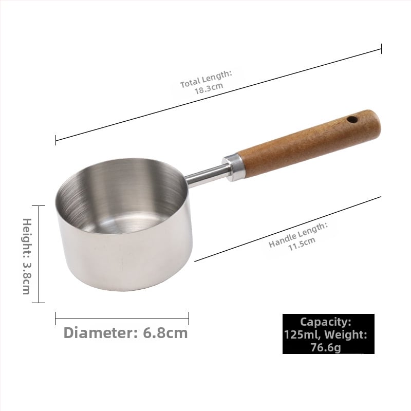 Sada meracích lyžíc z nehrdzavejúcej ocele s drevenou rúčkou, lyžička na kávu so skálou a merací pohár