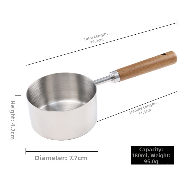 Sada meracích lyžíc z nehrdzavejúcej ocele s drevenou rúčkou, lyžička na kávu so skálou a merací pohár