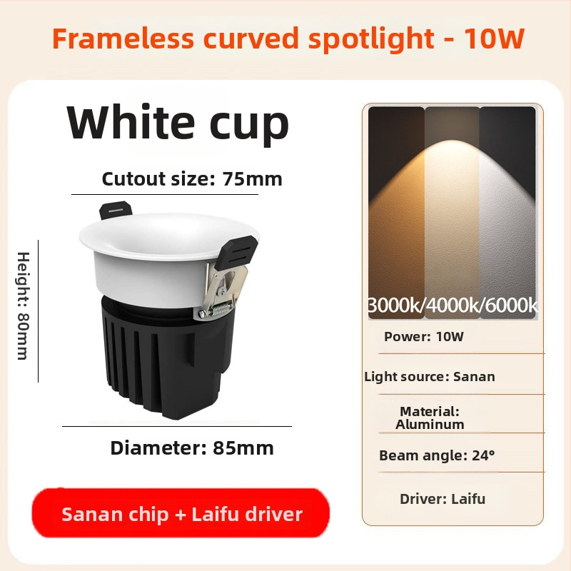 LED zapustený bezrámový oblúkový downlight, 6–10W, 220V, CRI≥90, 3000K/4000K/6000K, hliník