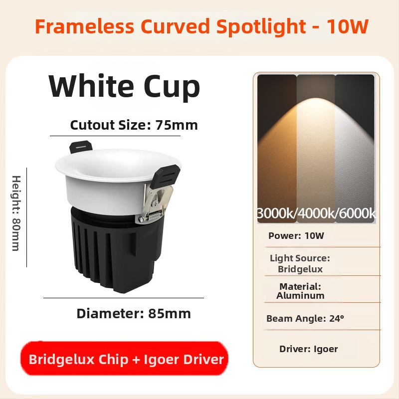 LED zapustený bezrámový oblúkový downlight, 6–10W, 220V, CRI≥90, 3000K/4000K/6000K, hliník