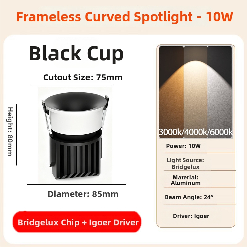 LED zapustený bezrámový oblúkový downlight, 6–10W, 220V, CRI≥90, 3000K/4000K/6000K, hliník