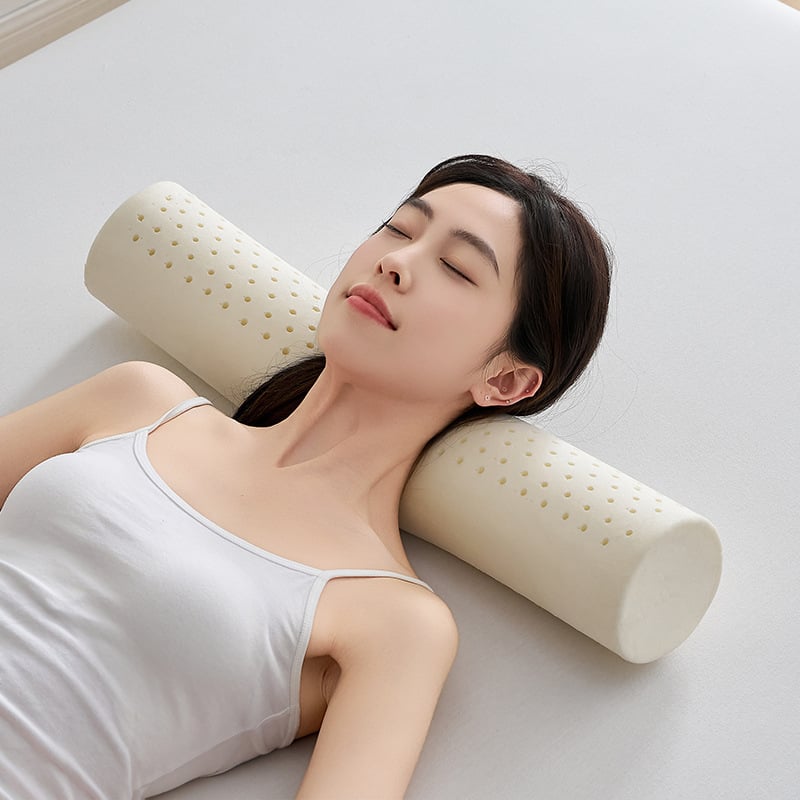 Latexová cylindrická vankúš na krk - tvar cukrovinky, podpora krku, prírodný latex, obsah latexu 80–90%, látka polyesterovo-bavlnená