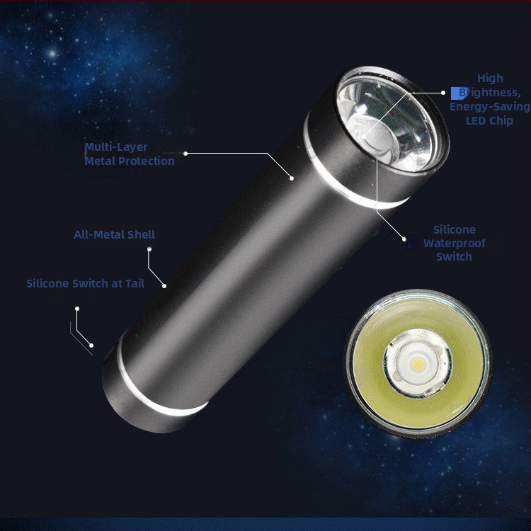 LED svjetiljka s aluminijskim tijelom, napajana AAA suhim ćelijama, prijenosna i lagana, pogodna za planinarenje, kampiranje i hitne situacije, domet do 50 m