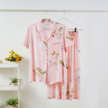 Pijamas set – japanskog stila kardigan s ovratnikom, 3/4 rukavi, otisak uzorka, viskoza-pamuk mješavina, kraće hlače
