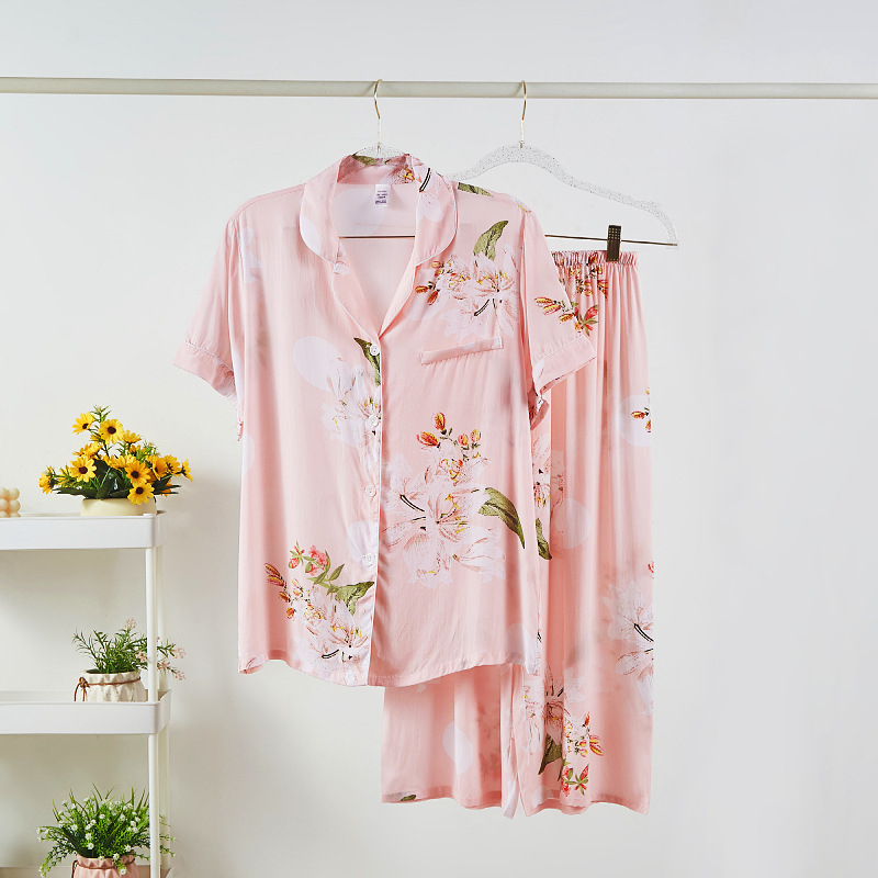 Pijamas set – japanskog stila kardigan s ovratnikom, 3/4 rukavi, otisak uzorka, viskoza-pamuk mješavina, kraće hlače