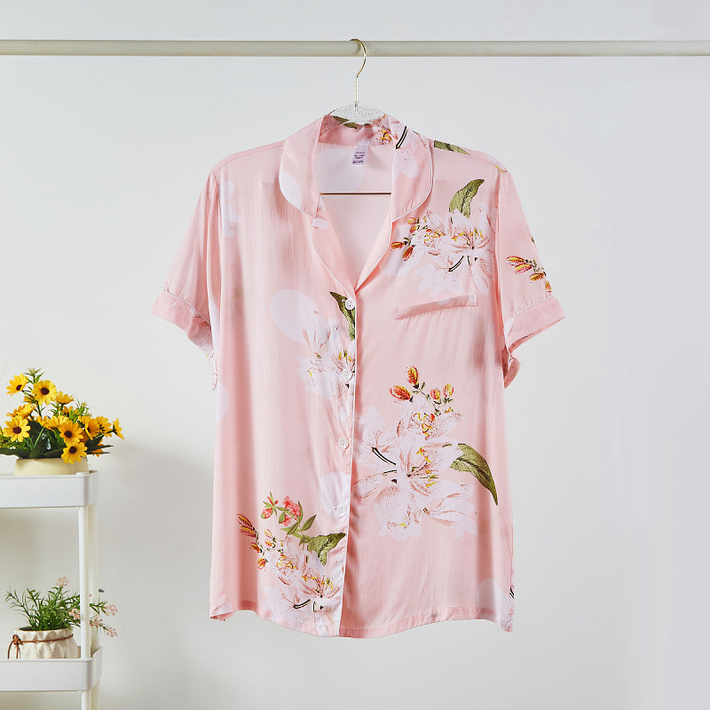Pijamas set – japanskog stila kardigan s ovratnikom, 3/4 rukavi, otisak uzorka, viskoza-pamuk mješavina, kraće hlače