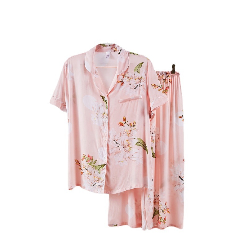 Pijamas set – japanskog stila kardigan s ovratnikom, 3/4 rukavi, otisak uzorka, viskoza-pamuk mješavina, kraće hlače
