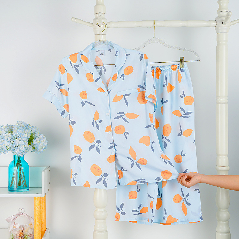 Pijamas set – japanskog stila kardigan s ovratnikom, 3/4 rukavi, otisak uzorka, viskoza-pamuk mješavina, kraće hlače
