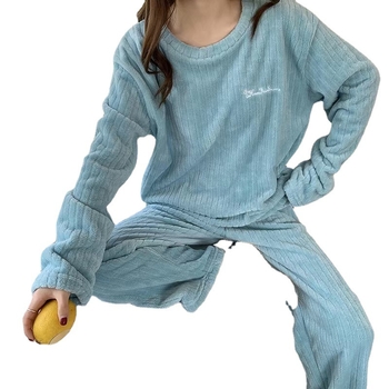 Set de pijamale din fleece coral pentru femei, în dungi, gros pentru iarnă, guler rotund, mâneci lungi