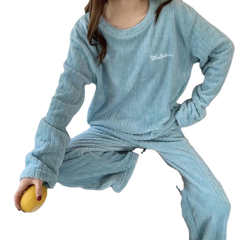 Set de pijamale din fleece coral pentru femei, în dungi, gros pentru iarnă, guler rotund, mâneci lungi