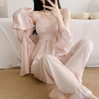 Set de pijamale pentru femei, trei piese, cu decolteu în V, mâneci lungi, din satin subțire (90–95% poliester, 101–120 g/m²)