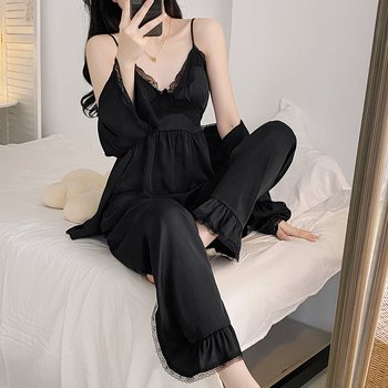 Set de pijamale pentru femei, trei piese, cu decolteu în V, mâneci lungi, din satin subțire (90–95% poliester, 101–120 g/m²)