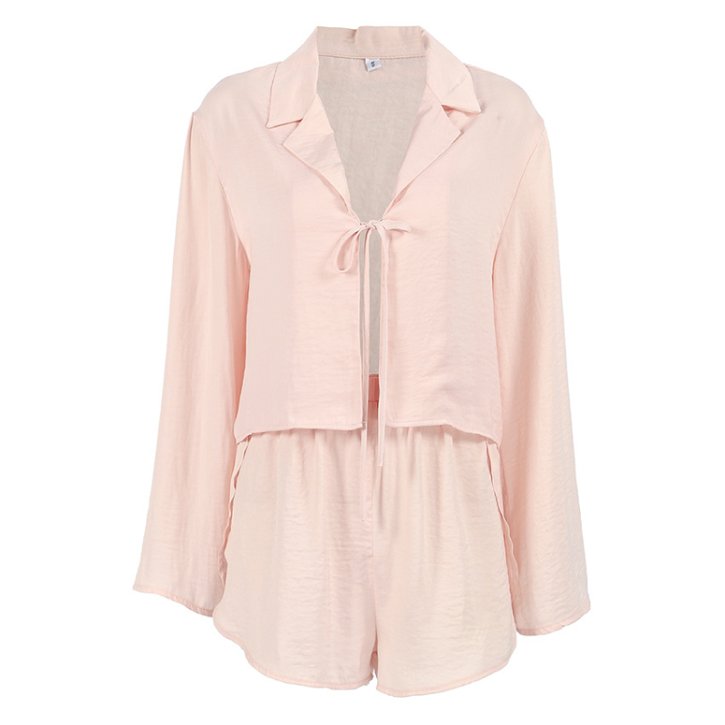 Set de pijama din două piese cu top cu mânecă lungă și pantaloni scurți, țesătură cu aspect creț, greutate medie, fără guler, stil euro-american