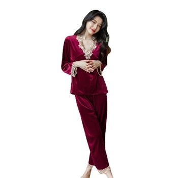 Set de pijamale din catifea aurie cu dantelă pentru femei – stil luxos, decolteu în V, mâneci lungi, pantaloni lungi, poliester