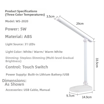 LED skladacia stolná lampa s USB nabíjaním a napájaním zo zásuvky, dotykové ovládanie, stmievateľná a teplotne nastaviteľná farba svetla, s vstavanou batériou