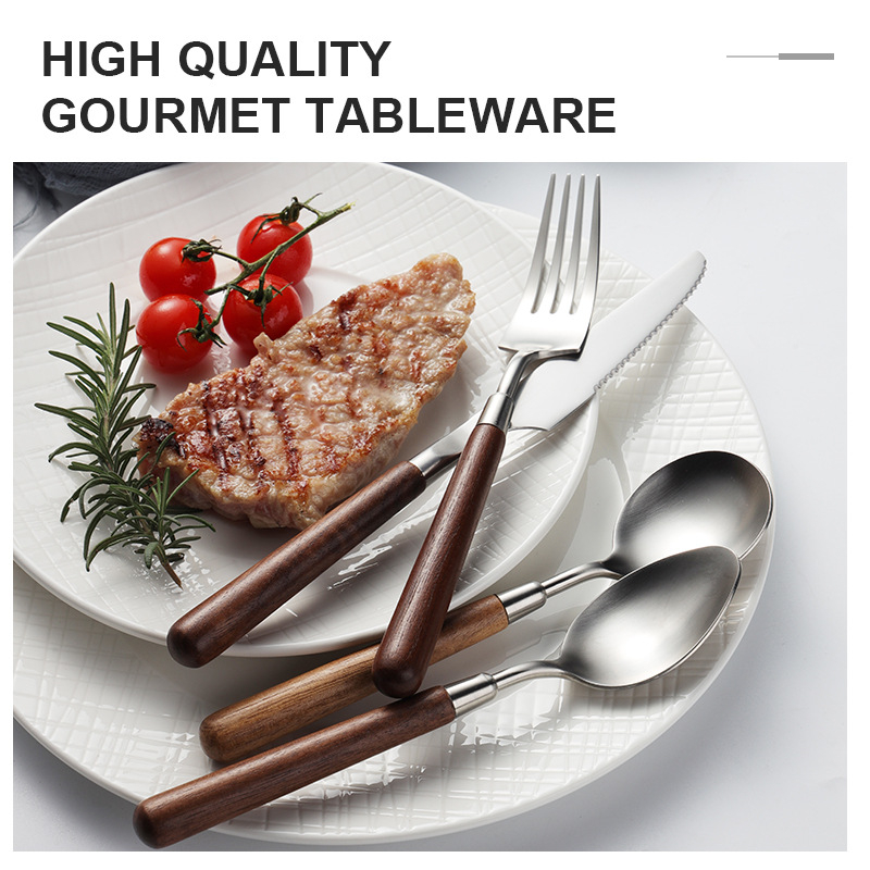 304 nerezovej ocele západné jedlá s orechovým držadlom, leštený povrch. Obsahuje: nôž, vidlica, lyžica, lopatka na tortu, nô na chlieb, motýľová lopatka, malá lyžička