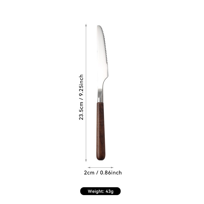 304 nerezovej ocele západné jedlá s orechovým držadlom, leštený povrch. Obsahuje: nôž, vidlica, lyžica, lopatka na tortu, nô na chlieb, motýľová lopatka, malá lyžička