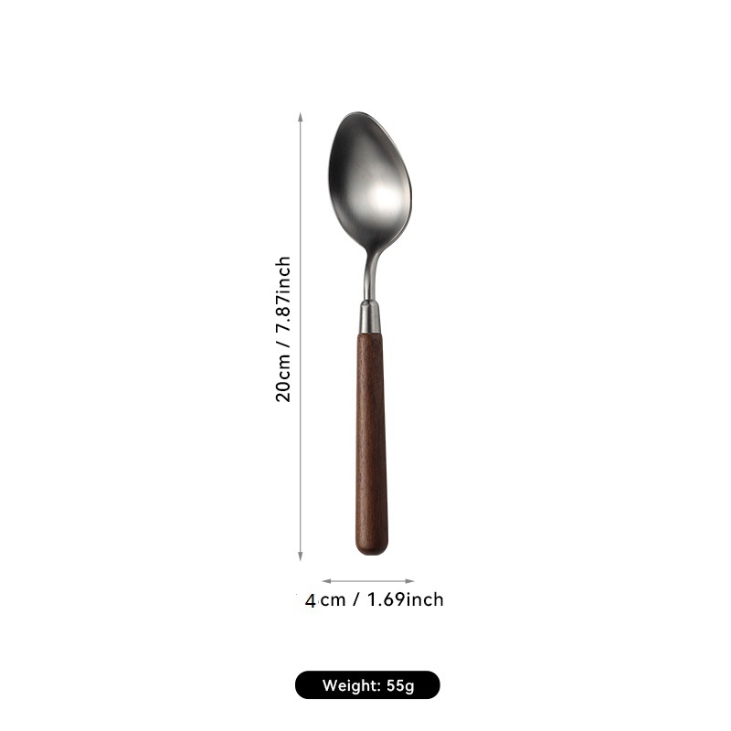 304 nerezovej ocele západné jedlá s orechovým držadlom, leštený povrch. Obsahuje: nôž, vidlica, lyžica, lopatka na tortu, nô na chlieb, motýľová lopatka, malá lyžička