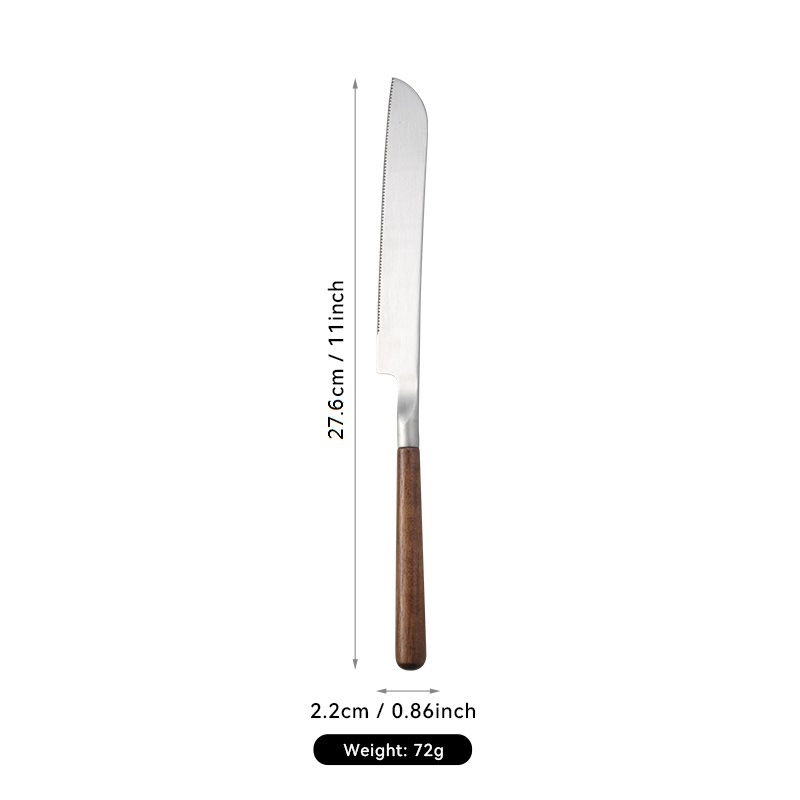 304 nerezovej ocele západné jedlá s orechovým držadlom, leštený povrch. Obsahuje: nôž, vidlica, lyžica, lopatka na tortu, nô na chlieb, motýľová lopatka, malá lyžička