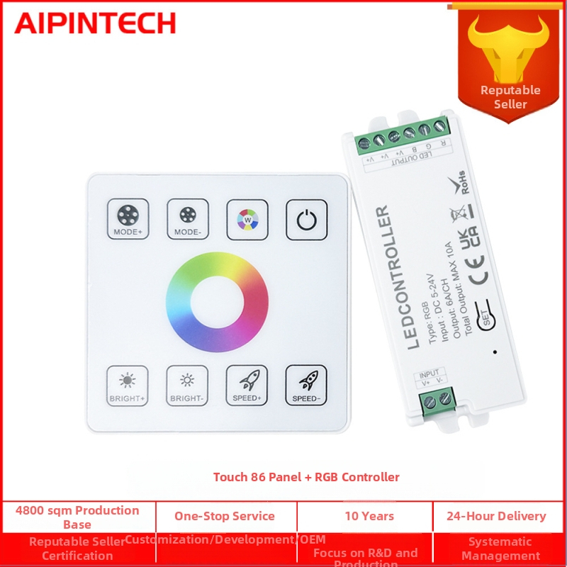 RGB LED ovládač so stmavením a nastavovaním farieb, 5-24V, rozsah stmievania 0-100%, uzamykateľný skrutkový terminál, dotykové diaľkové ovládanie