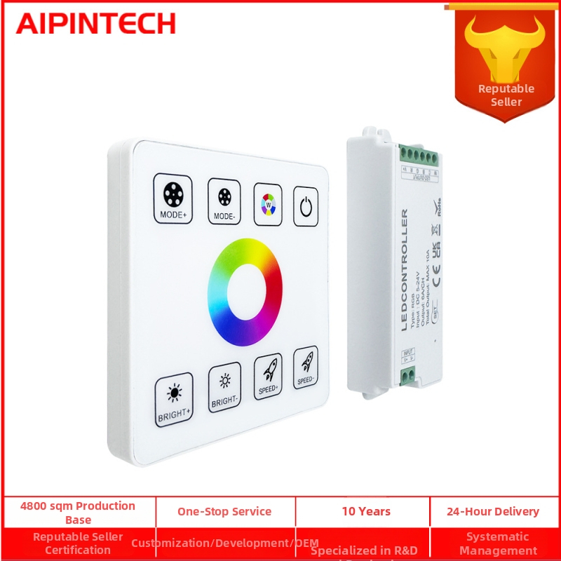 RGB LED ovládač so stmavením a nastavovaním farieb, 5-24V, rozsah stmievania 0-100%, uzamykateľný skrutkový terminál, dotykové diaľkové ovládanie