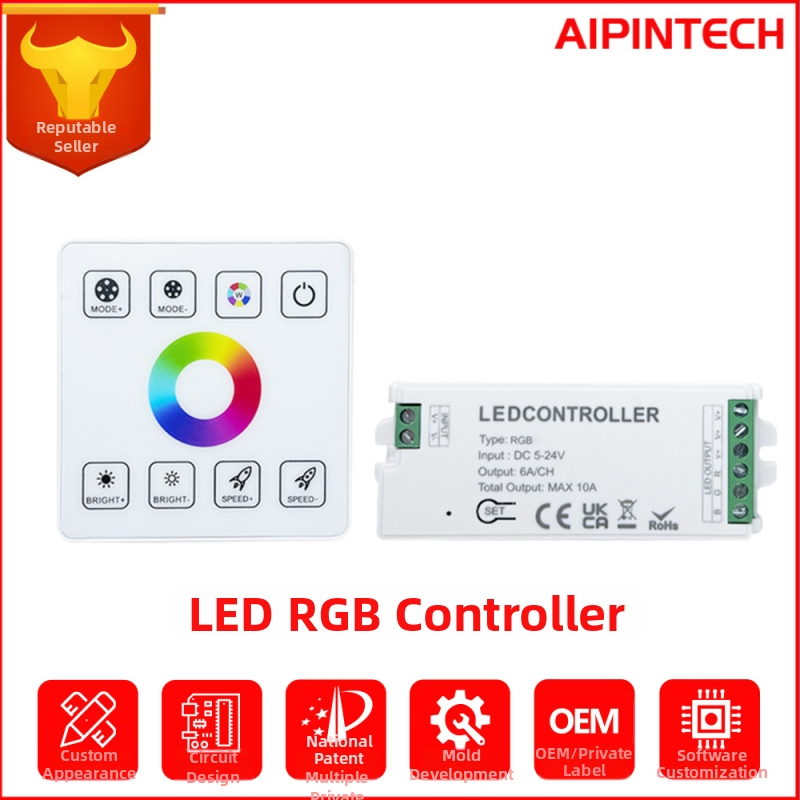RGB LED ovládač so stmavením a nastavovaním farieb, 5-24V, rozsah stmievania 0-100%, uzamykateľný skrutkový terminál, dotykové diaľkové ovládanie