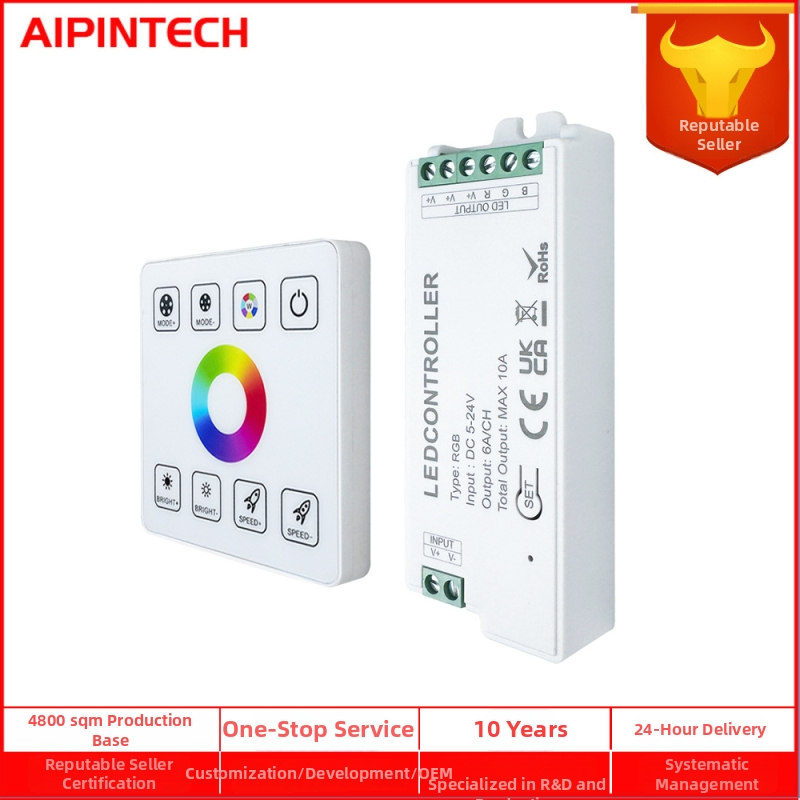 RGB LED ovládač so stmavením a nastavovaním farieb, 5-24V, rozsah stmievania 0-100%, uzamykateľný skrutkový terminál, dotykové diaľkové ovládanie