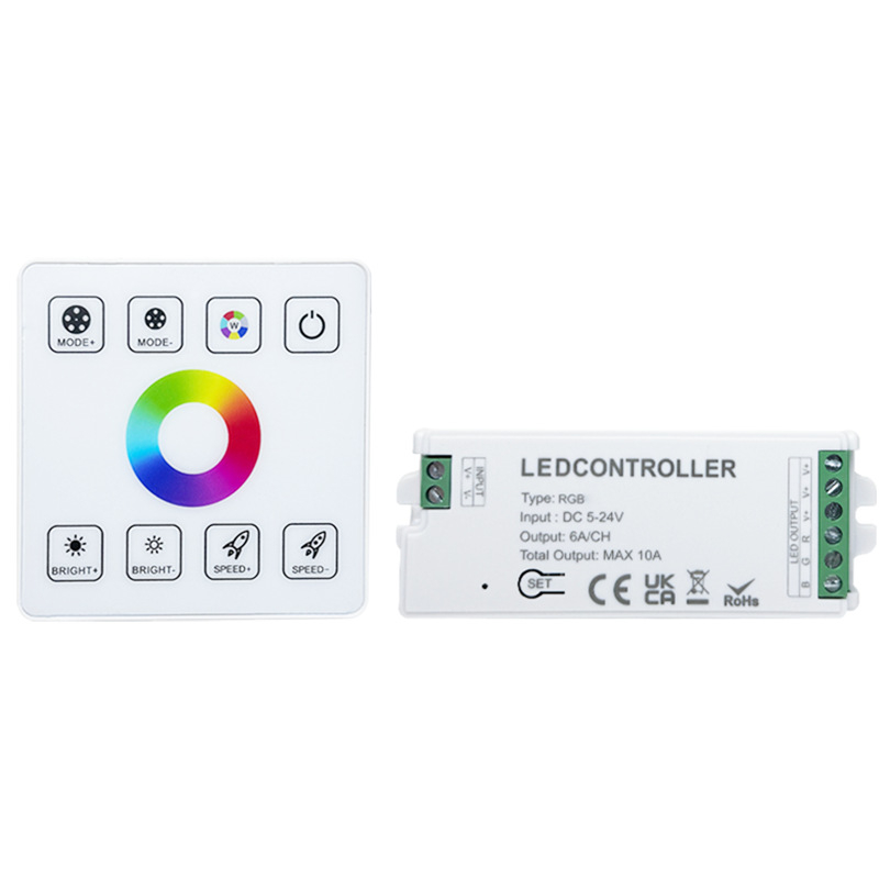 RGB LED ovládač so stmavením a nastavovaním farieb, 5-24V, rozsah stmievania 0-100%, uzamykateľný skrutkový terminál, dotykové diaľkové ovládanie