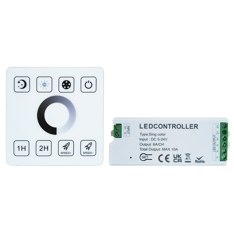 RGB LED ovládač so stmavením a nastavovaním farieb, 5-24V, rozsah stmievania 0-100%, uzamykateľný skrutkový terminál, dotykové diaľkové ovládanie