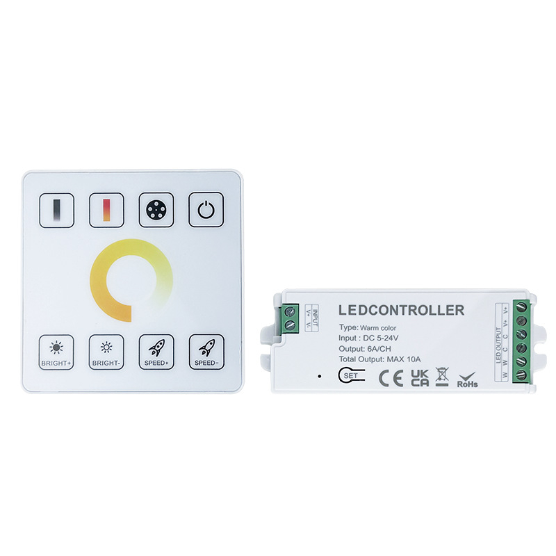 RGB LED ovládač so stmavením a nastavovaním farieb, 5-24V, rozsah stmievania 0-100%, uzamykateľný skrutkový terminál, dotykové diaľkové ovládanie