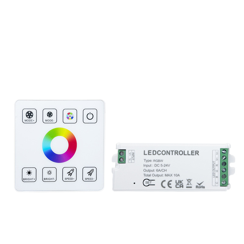 RGB LED ovládač so stmavením a nastavovaním farieb, 5-24V, rozsah stmievania 0-100%, uzamykateľný skrutkový terminál, dotykové diaľkové ovládanie