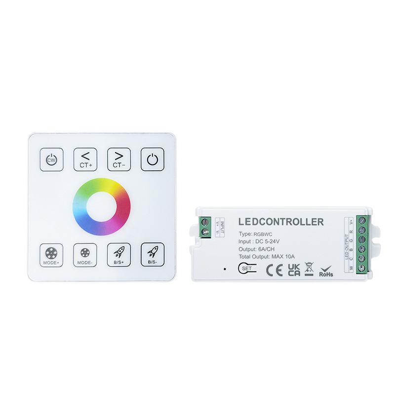 RGB LED ovládač so stmavením a nastavovaním farieb, 5-24V, rozsah stmievania 0-100%, uzamykateľný skrutkový terminál, dotykové diaľkové ovládanie