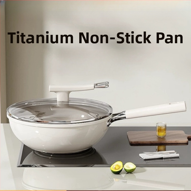 Wok s titanovým povlakom aplikovaným teplným striekaním, nepriľnavý, ploché dno, viečko z tvrdeného skla